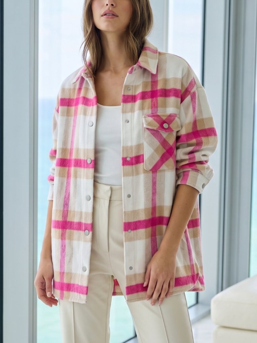 NWT $330 REVOLVE / MONROW plaid shirt jacket shacket pink beige XL